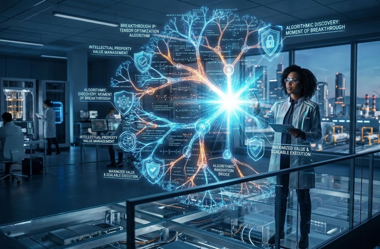 Researcher analyzing algorithmic innovation on holographic display